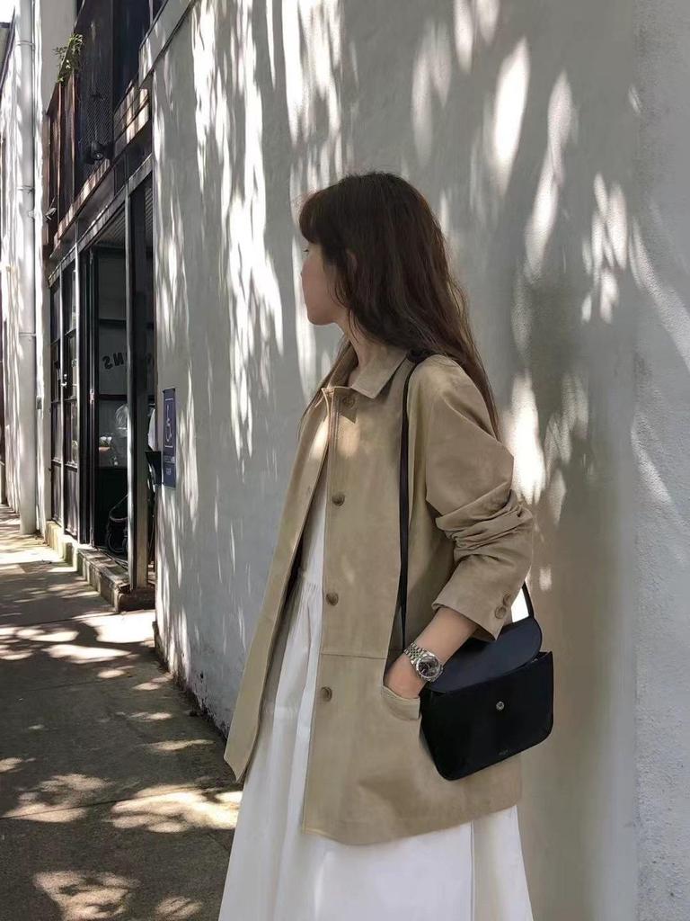In-Stock Suede Lapel Jacket - Korean Style, Mid-Length, Khaki, Autumn Retro, Loose Fit