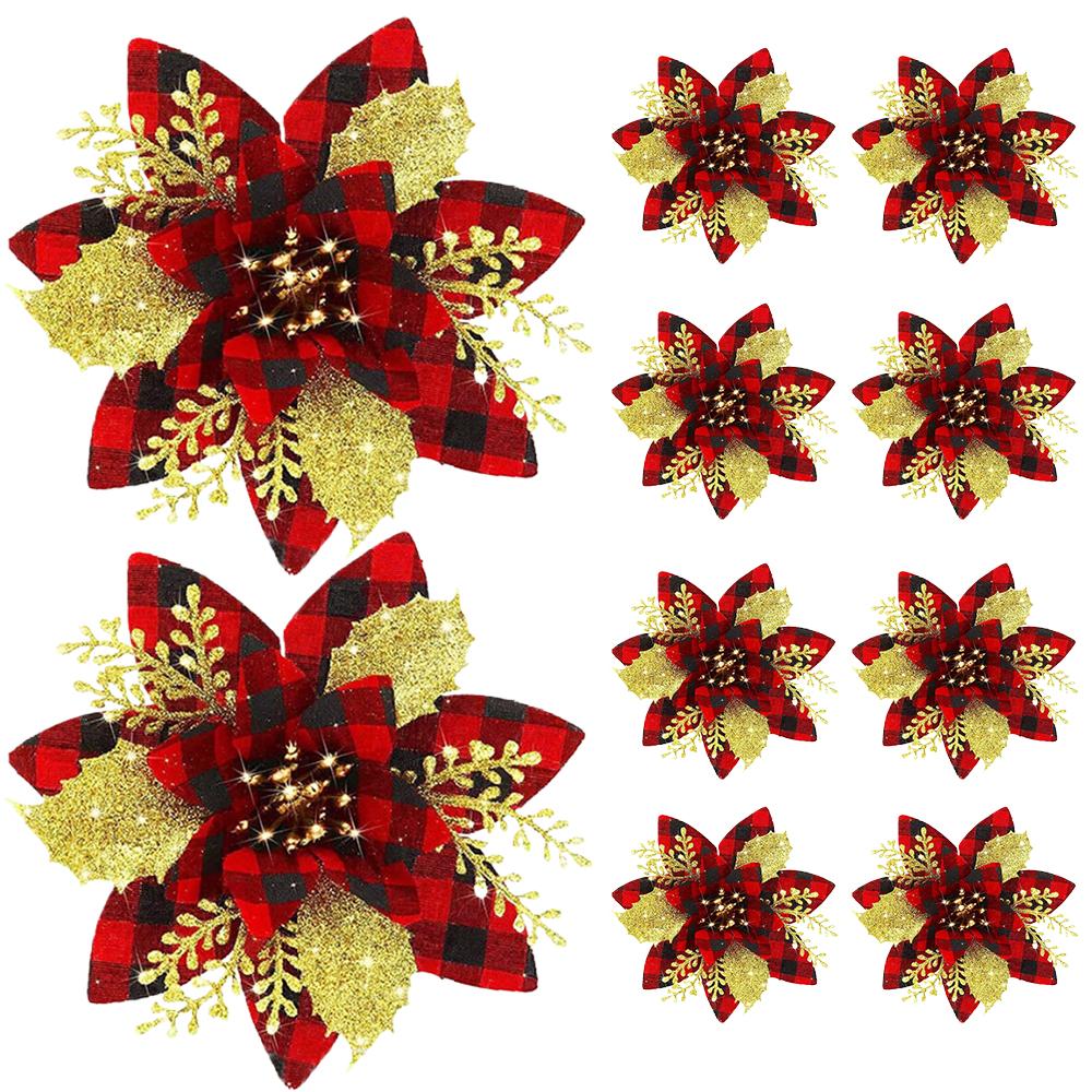 

10pcs Christmas Glitter Flowers, Christmas Tree Artificial Flowers, Christmas Ornaments Flowers, New Year Xmas Tree Decoration
