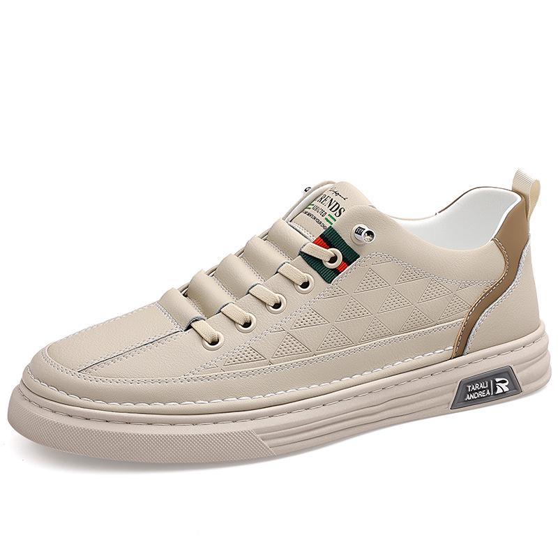 Men's Breathable White Leather Casual Sports Shoes - Soft Sole, Trendy Korean Style