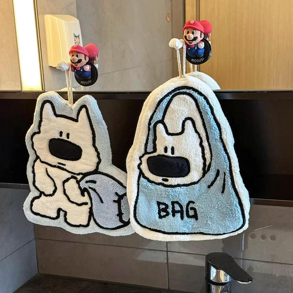 Coral Fleece Cute Puppy Hanging Hand Towel - Water-Absorbent for Kitchen & Bathroom Use