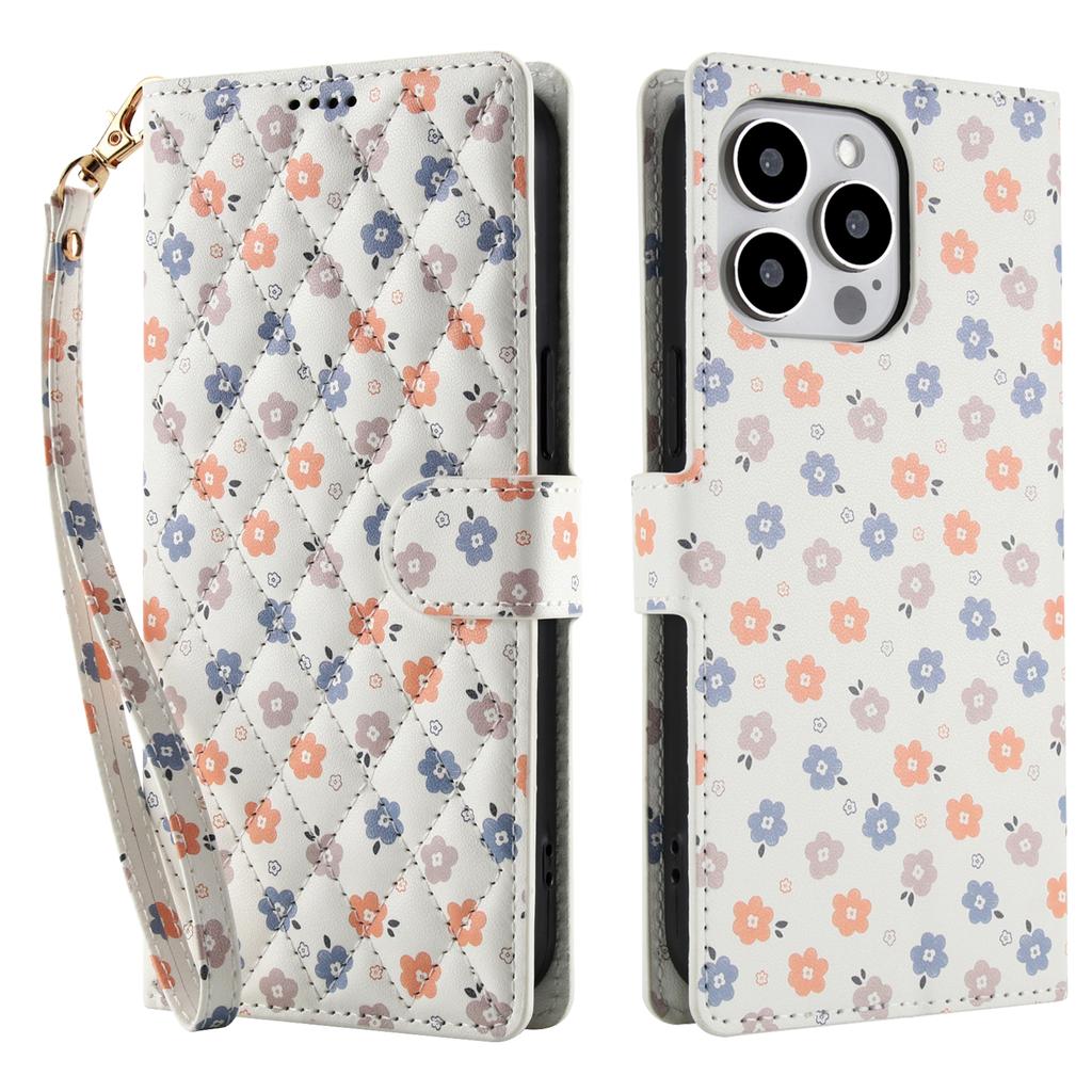 For iPhone 16 Pro Max Wallet Case Rhombic Floral Design Leather Flip Phone Cover with Strap