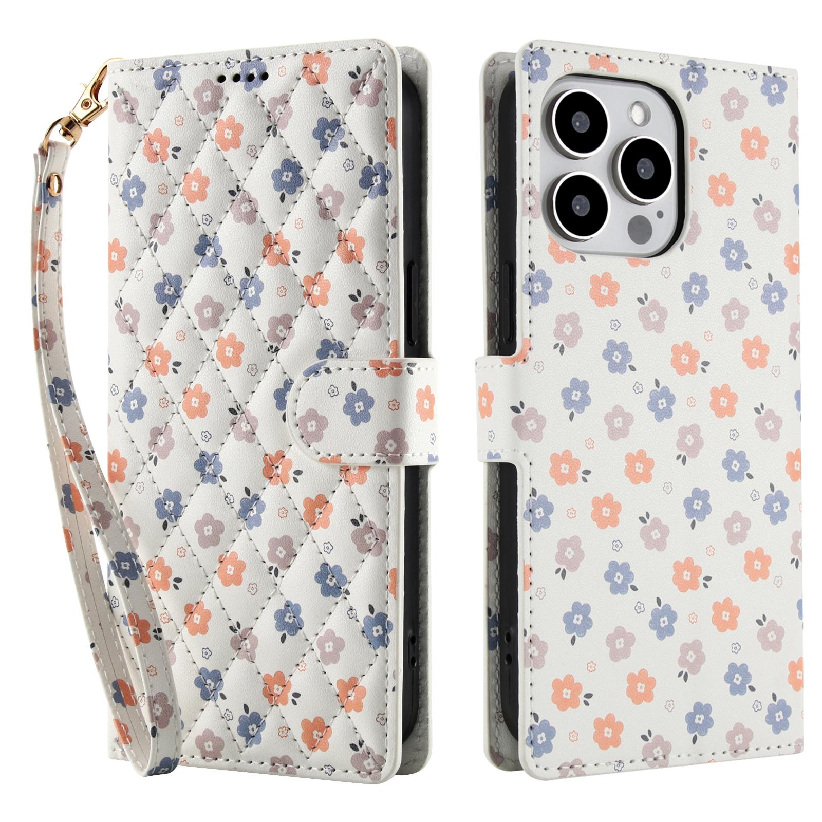 

For iPhone 16 Pro Wallet Case Rhombic Floral Design Leather Flip Phone Cover with Strap D