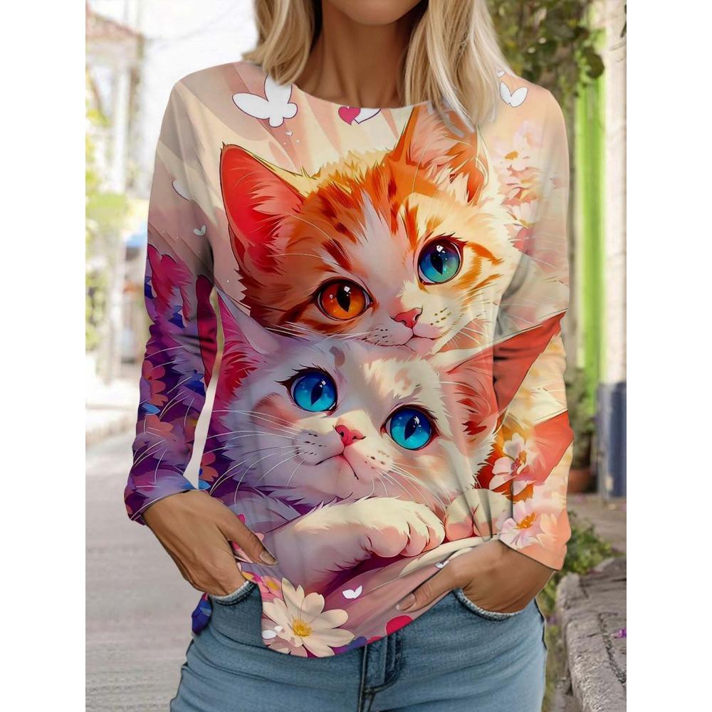 Cute Cat Women's Long Sleeves T-Shirt Round Neck Long Sleeved Autumn Animal Clothing Holiday Gift Clothing Fashion Party T-Shirt