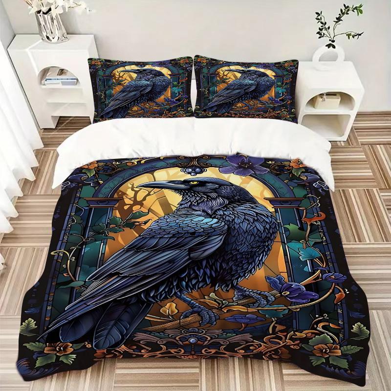 3pcs Stained Glass Raven Duvet Cover Set, 1 Duvet Cover + 2 Pillowcases (No Insert), High-Definition Print, Home & Dorm yy251123005