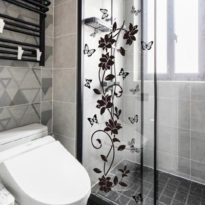 Black Flower Butterfly Glass Sticker Waterproof PVC Removable Self-Adhesive Bathroom Wall Door Floral Art Decorative Decal