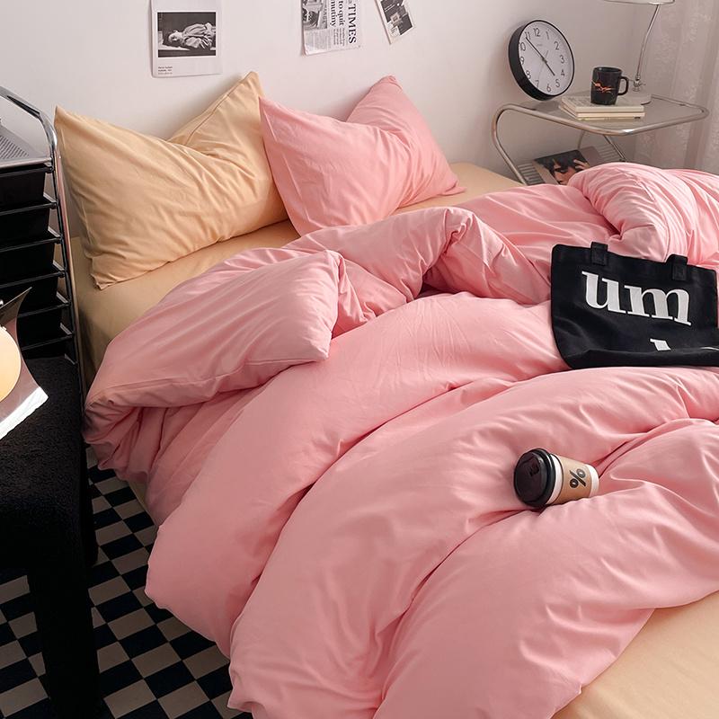 Bettwäsche-Set aus gewaschener Baumwolle 4-teilig Bettlaken-Set Einfarbig Bettbezug Paar Queen King Size Bett Steppdeckenbezug