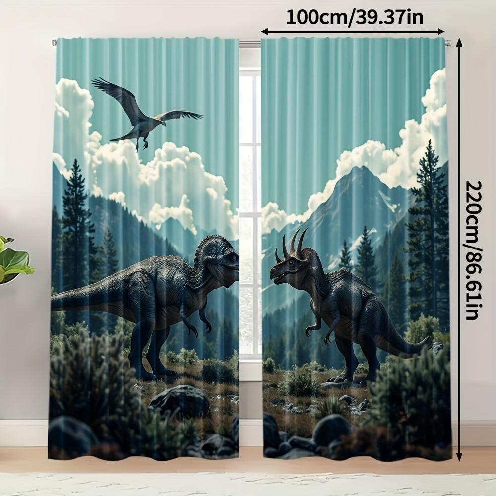 2pcs Dinosaur Silhouette Blackout Curtains - Thermal Insulating Room Darkening Window Drapes with Dinosaur Print