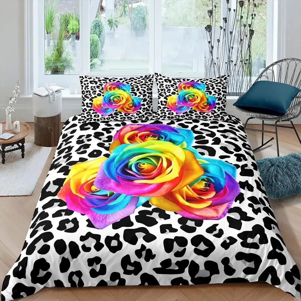 Růžová sada povlečení pro ženy Elegantní fialový květinový potisk Ložní sada Romantické květiny Třpytky King Size povlak na přikrývku Pro páry