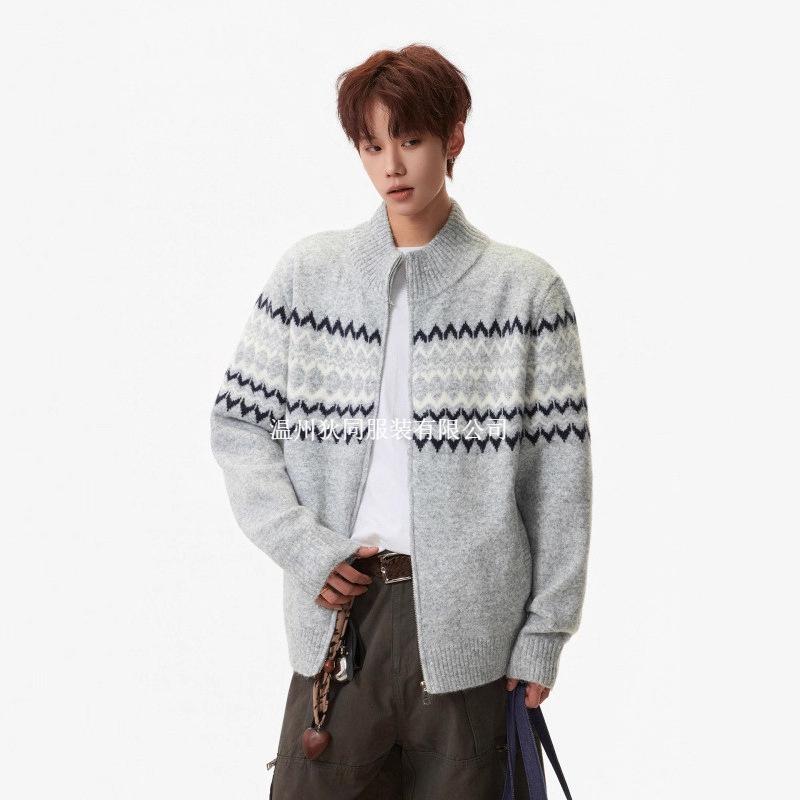 

Men s Fair Isle Heavyweight Sweater Coat - Autumn/Winter Trendy Loose Style for Couples with Zipper XXL сірий колір