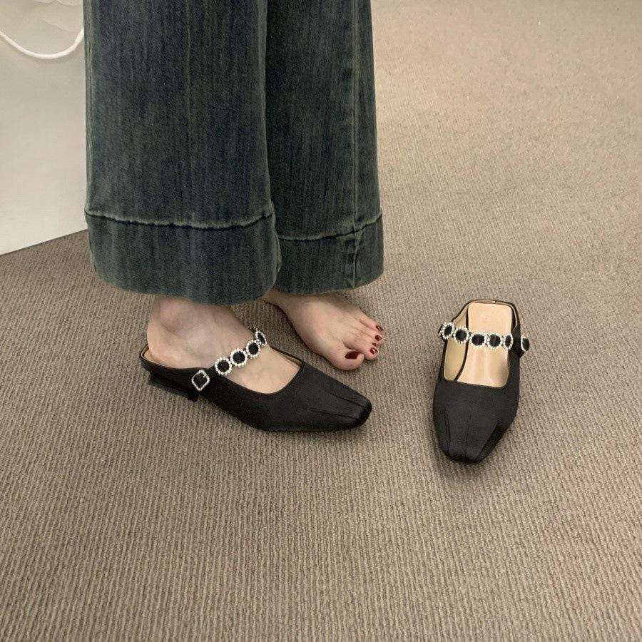 French niche fairy wind bag head half slippers female summer wear lazy one pedal satin low heel muller shoes sandals