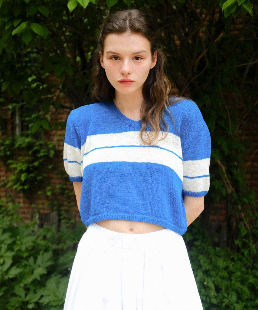 SO IR Stripe V Neck Knit – Blue