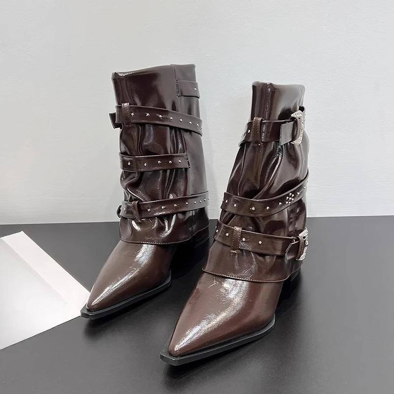 

Fashion 2025 Autumn New Rivet Belt Buckle Pointed Toe Block Heel Kitten Heel Booties Single Boots Versatile 35