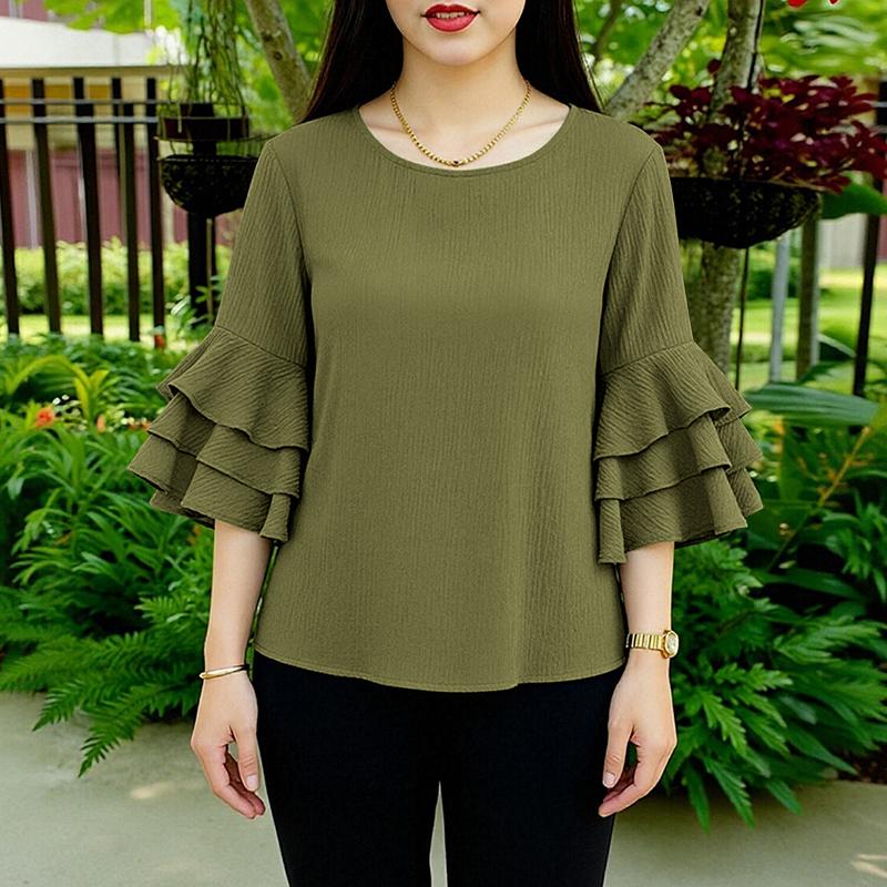 

ZANZEA Women Casual Round Neck Solid Color Ruffles 3/4 Sleeve Loose Blouse M армия зеленый
