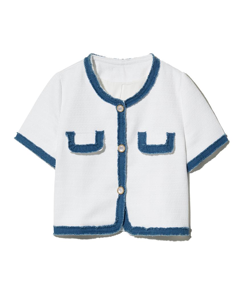 Vivabrown 85-Vivaj053 Color Shape Crop Tweed Half Jacket White