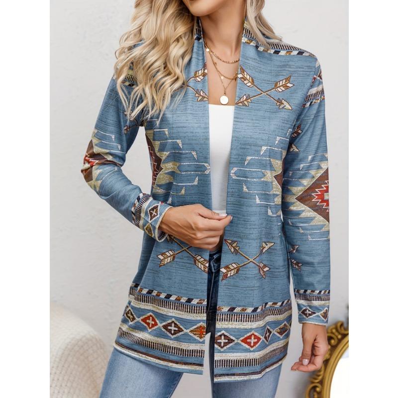Western Ethnic Print Open Front Cardigan, Casual Long Sleeve Loose Cardigan, Women'S Clothing