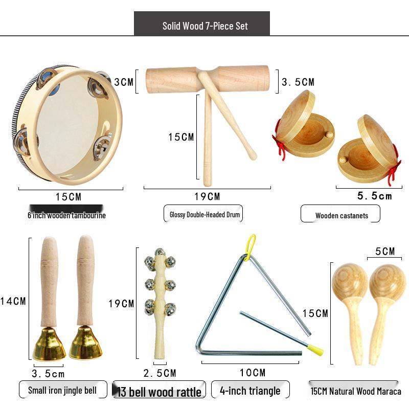 Children's Orff Percussion Instruments: Triangle, Castanets, Maracas, Tambourine, Wood Block, Cymbals