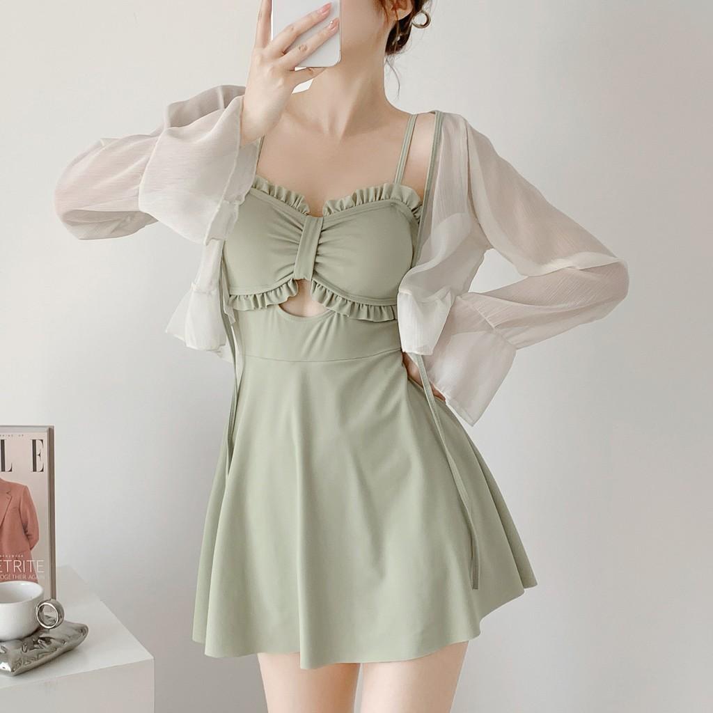 

Женский летний цельный купальник с накидкой от солнца, утягивающий, скрывающий полноту, сексуальный, модный XL светло-зеленый