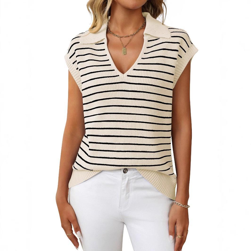 

Женский полосатый свитер 2025 года, повседневный свободный укороченный топ с лацканами, дышащая уличная футболка в стиле ретро 2020 года с ребристым подолом XL абрикосовый