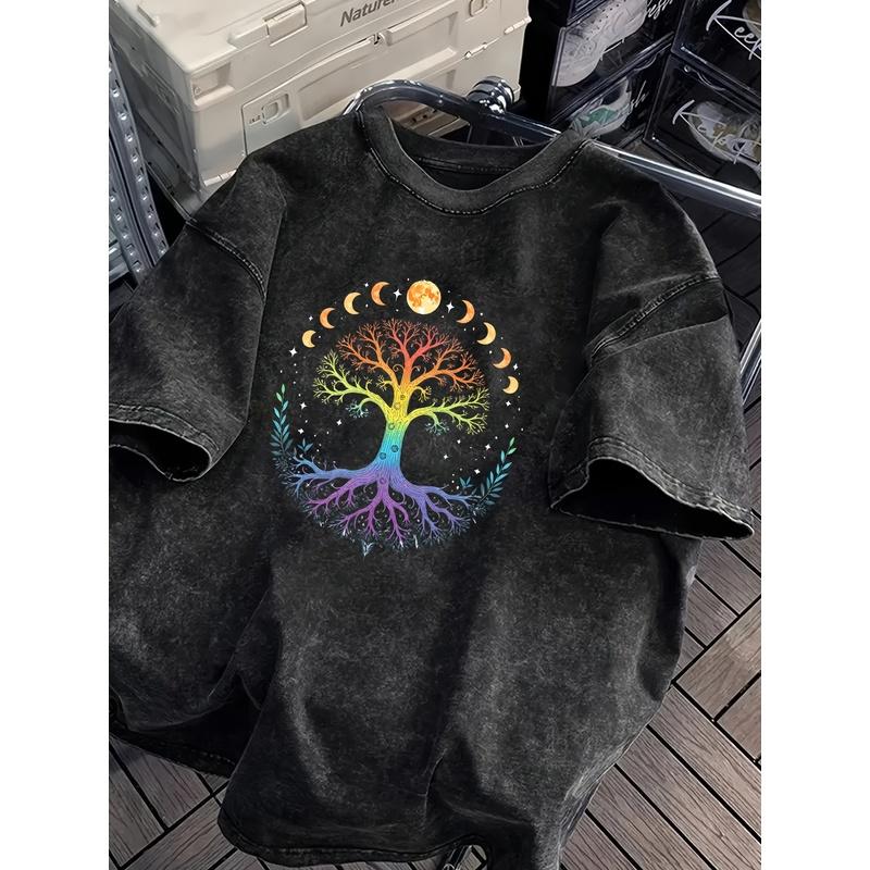 Summer Men'S Trendy Oversized T-Shirt with a Moon Tree Print, Featuring High-Quality Thick And a Vintage Wash Process