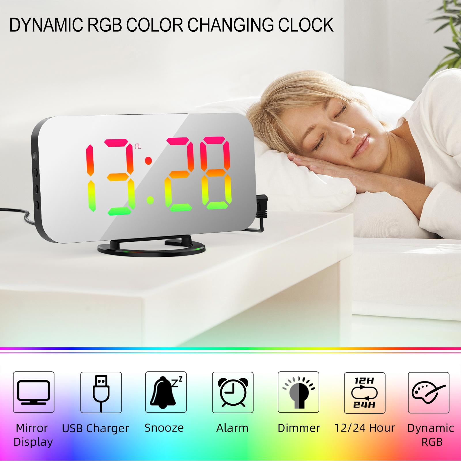 

Digital Alarm Clock with Dynamic RGB Light Dimmable Brightness Snooze Function USB Port Mirror Clock 12HCelsius24H for Bedroom Home