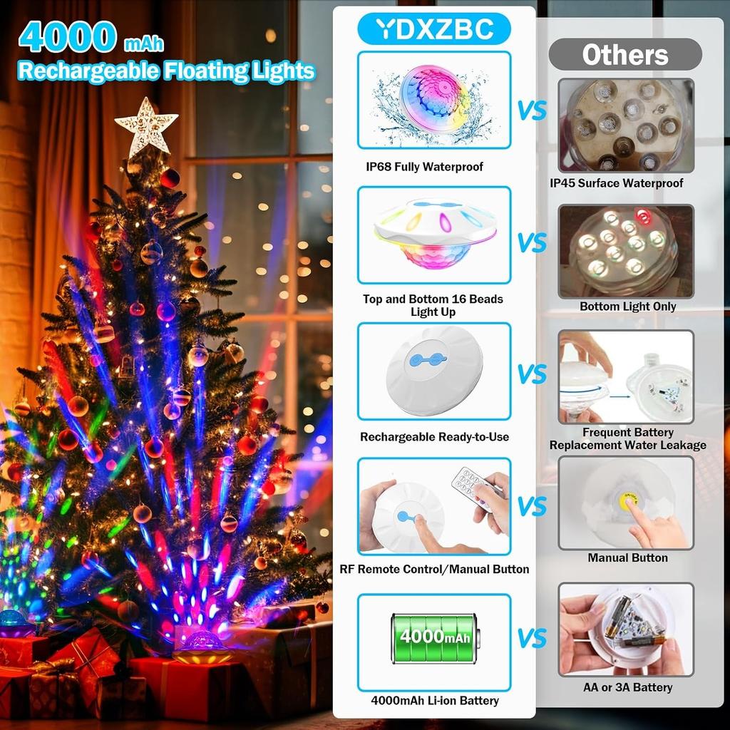 Floating Pool Lights, Pool Lights That Float with Remote, Rechargeable 4000mAh IP68 Waterproof Upper and Lower Color Changing Light with 6 Dynamic