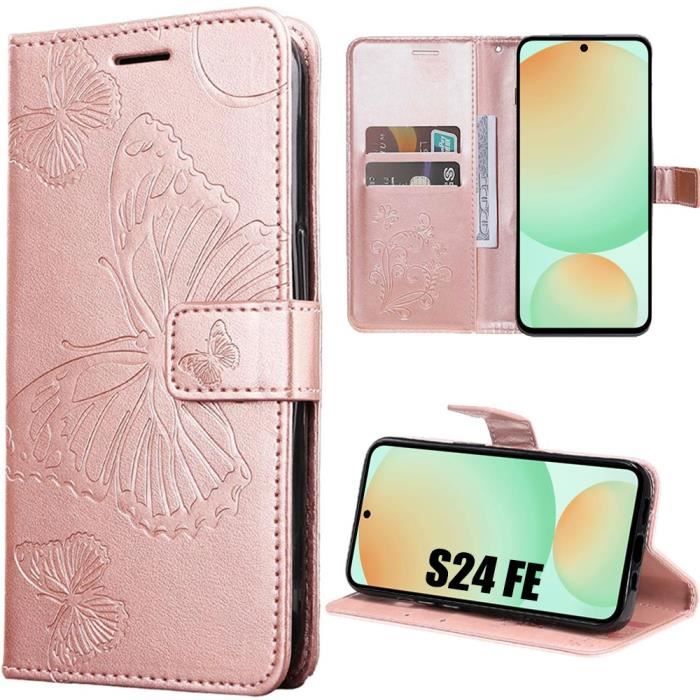 Coque - BOOLING - pour Samsung Galaxy S24 FE - Antichoc - Effet Cuir - Motif Papillon Rose
