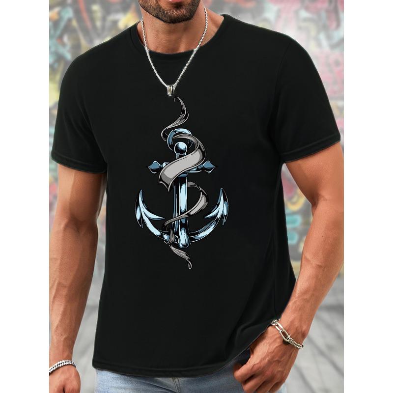 European Size Men's Summer Casual Short Sleeve T-Shirt - Nautical Anchor Print, Breathable Comfort Fit, Versatile Beachwear & Everyday Essential