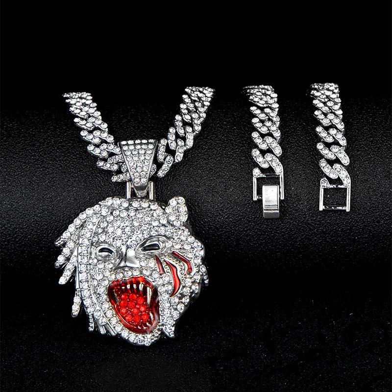Men's Full Diamond Drip Roaring Head Pendant Cuban Chain