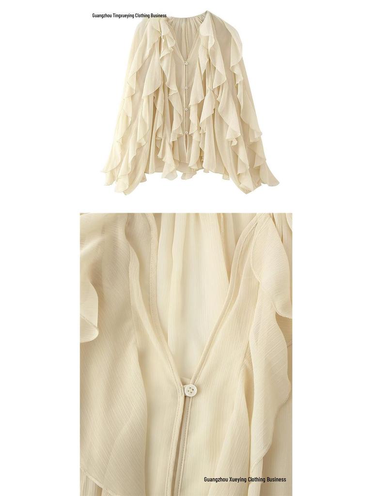Summer 2026 European & American V-Neck Layered Ruffled Pleated Women's Shirt