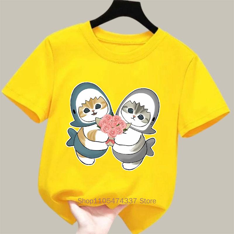 Cute Shark Cat Print Tshirts For Girls Summer Children Casual Kawaii Colorful Comfortable Tops Kids Oneck Short Sleeve Tees