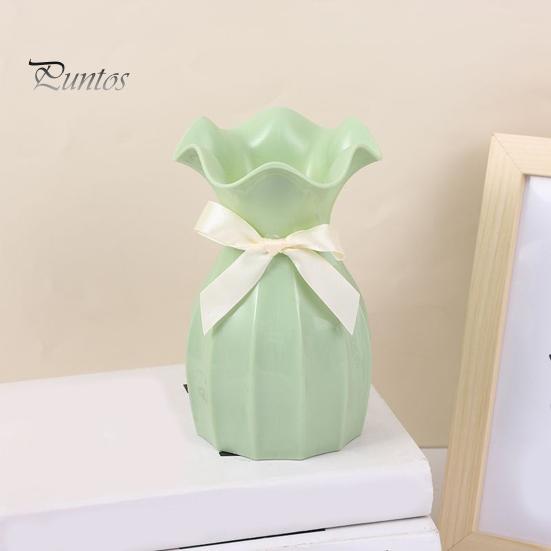 Light Plastic Vase Shatterproof Flower Vase with Ruffled Mouth Dried Flowers Holder with Bow for Bedroom Living Room Table Decor