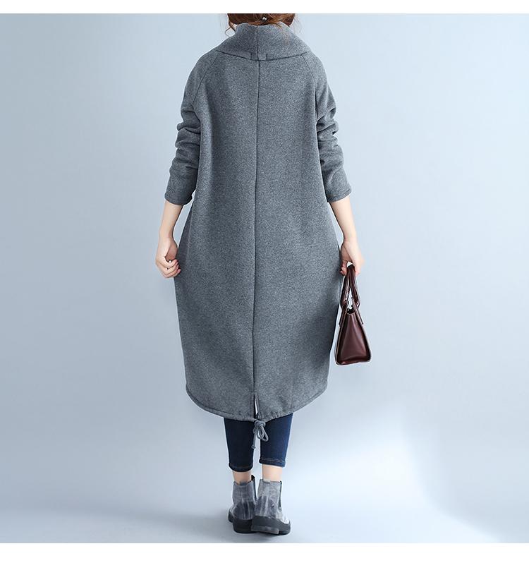 Vestido de Algodón y Lino con Forro Polar de Talla Grande Estilo Étnico 2017 con Cuello Alto