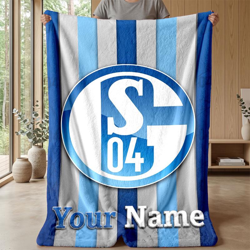Schalke 04 FC Custom Name Text Flannel Blanket Soccer Logo Personalized Fleece Throw Blanket Special Gift For Sofa Bedroom Home