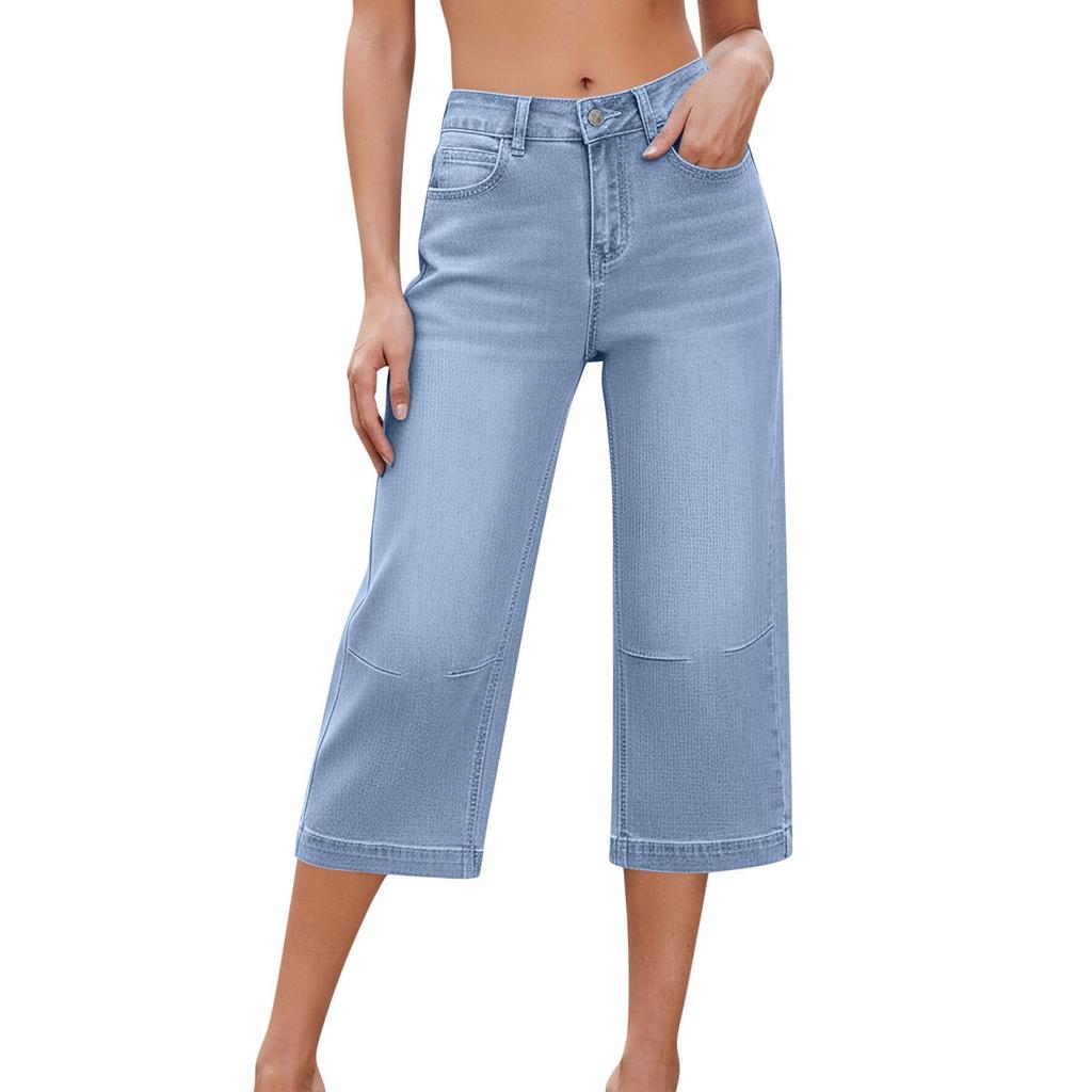 Capris Jeans Femininos de Cintura Alta Jeans Cropped Casual de Perna Larga Com Bolsos