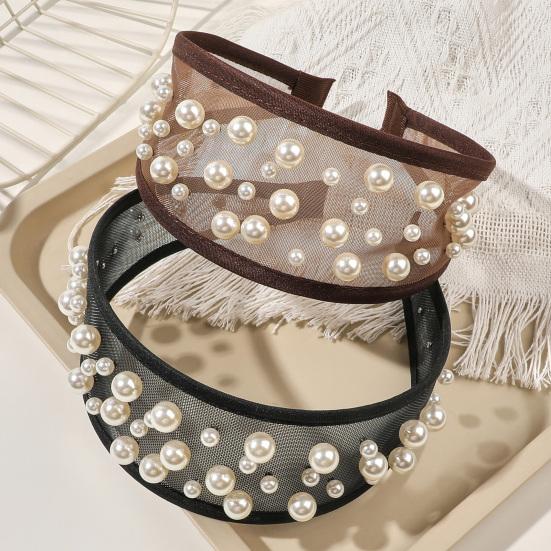 Widened Curved Hair Hoop, Breathable Mesh Base Headband with Imitation Pearls Decor, Anti-Slip Hemming Face Shaping Hair Accessory