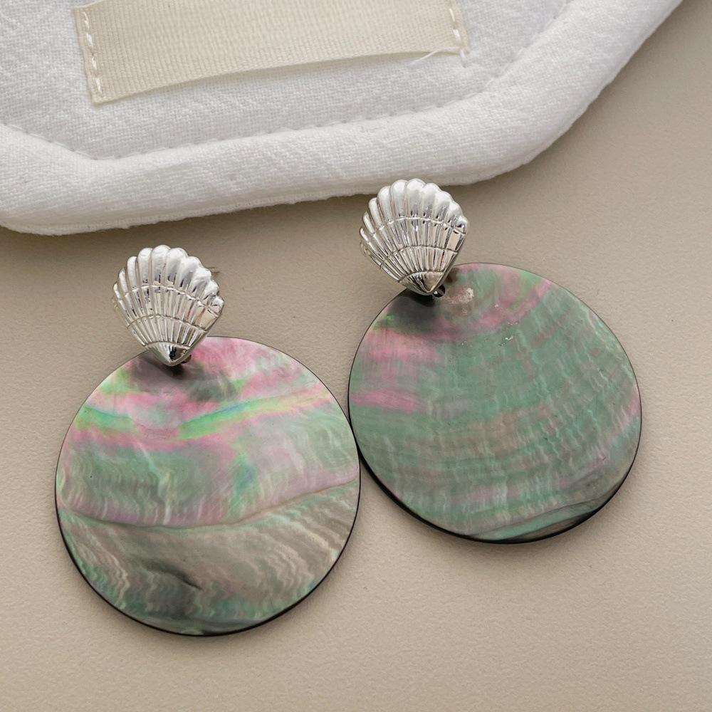 Silver Plated Shell Stud with Abalone Shell Drop Earrings Round Mother of Pearl Dangle Earrings Ocean Beach Jewelry for Women