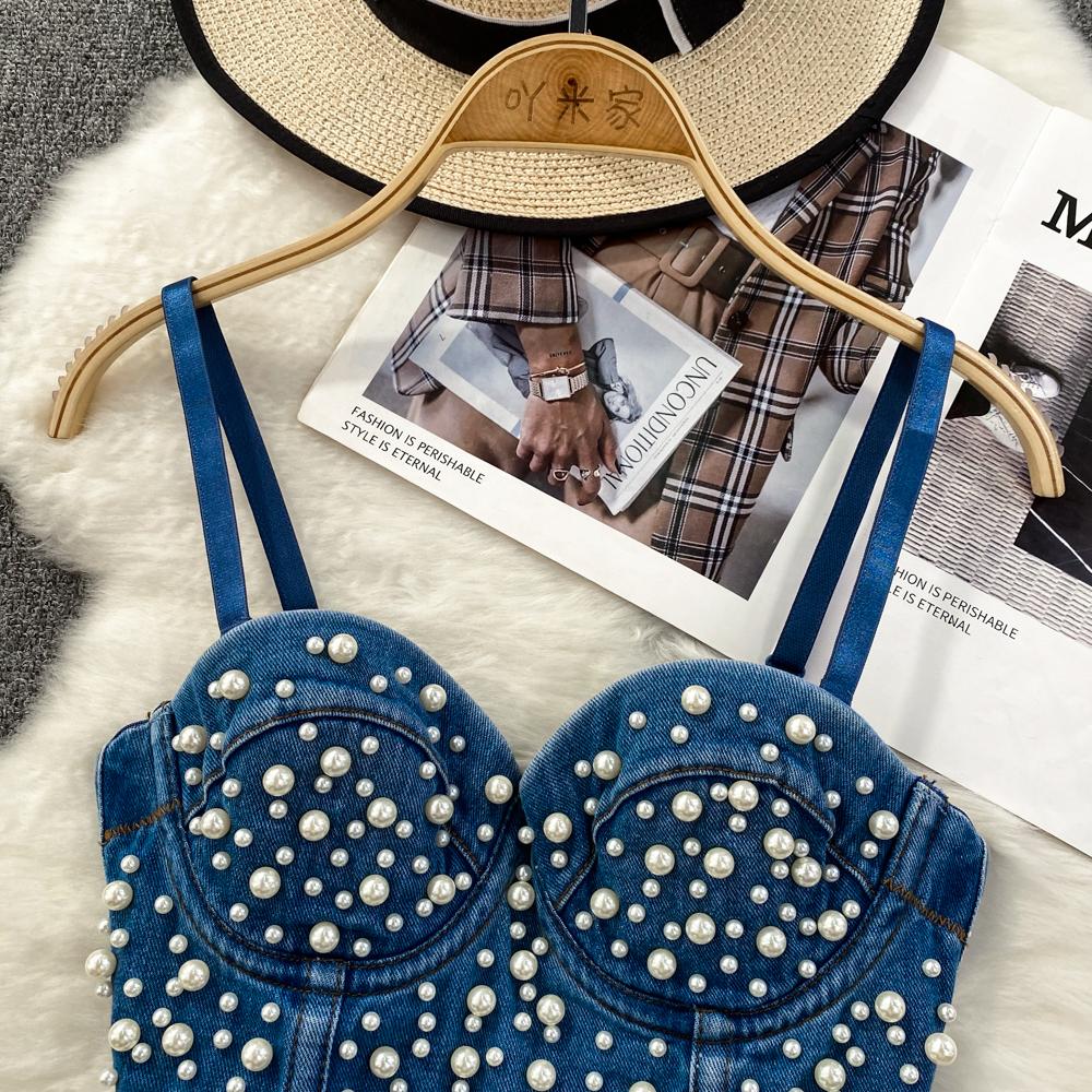 Vară Femei Sexy Curea Spaghetti Club Denim Sutien Cara De Lux Cu margele Perle Polo Dance Slim Shapewear