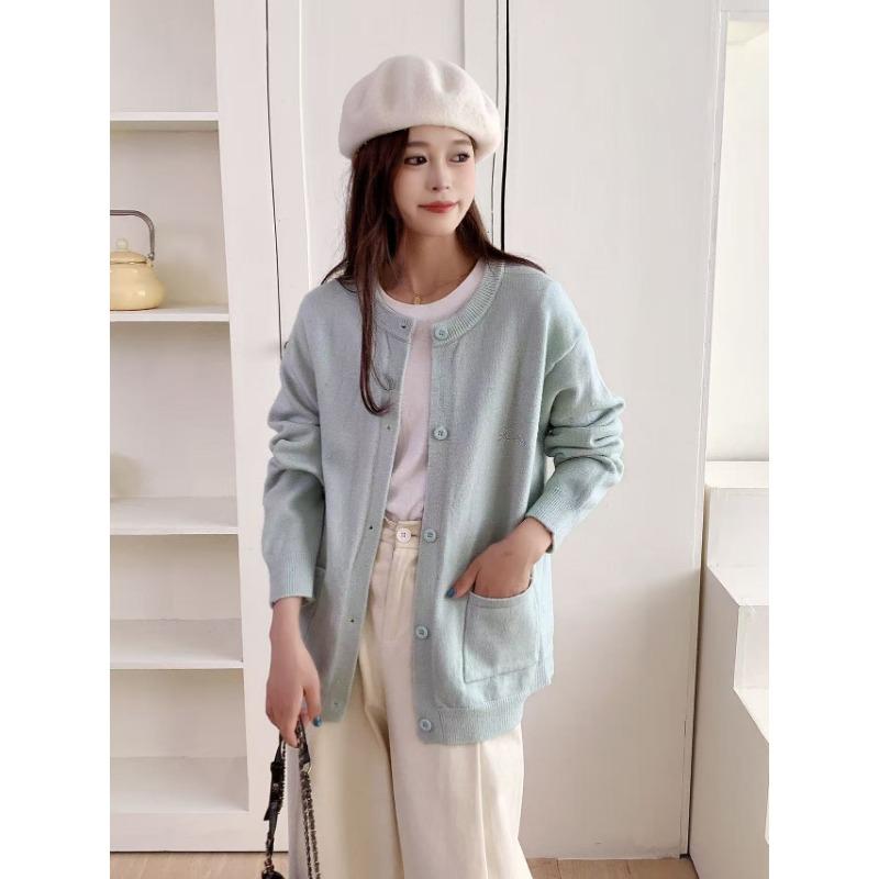 Autumn and Winter New Casual Loose Embroidered Crew Neck Cardigan Versatile Soft Waxy Single-breasted Sweater Women's Coat