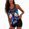 Tankini Swimsuits for Women Modest Two Piece Blouson Bathing Suit with Shorts Tropical Print Full Coverage Swimwear