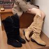 Autumn Winter Vintage Stretch Slim Woman Knee High Boots Shoes Fashion Low Heel Shoes Ladies Pleated Modern Long Botas