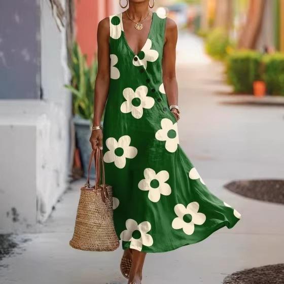 Summer V-neck Sleeveless Diagonal Button-up Vest Skirt Long Women's Vacation Casual Dress