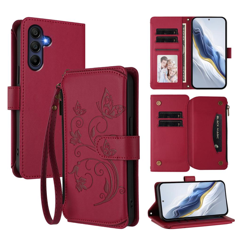 For Samsung Galaxy A16 4G/Galaxy A16 5G Leather Case Butterfly Floral Imprint Zipper Wallet Stand Cover with Wrist Strap