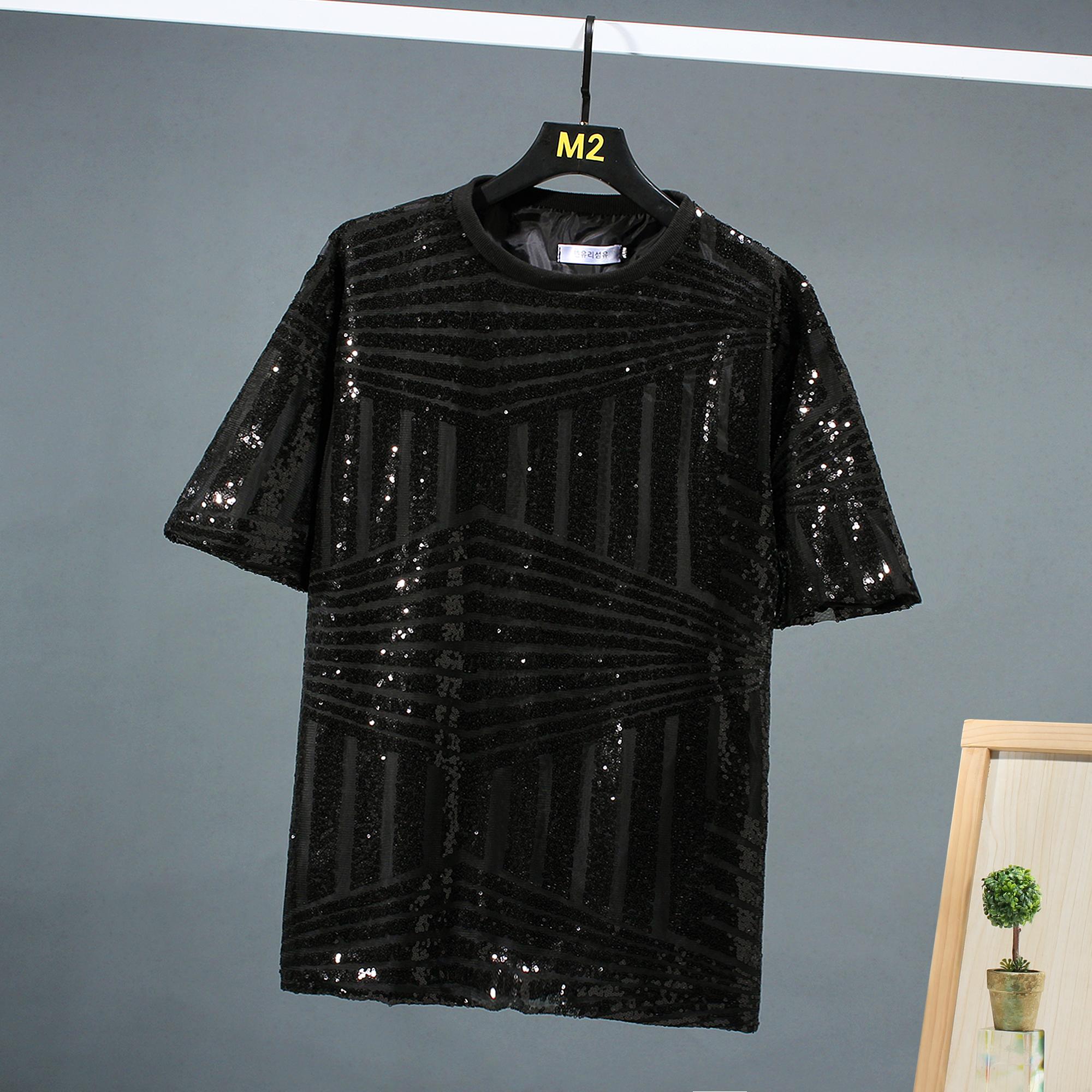 Summer Vertical Stripe Shiny Sequin Hip Hop Punk Rock Short Sleeve T Shirt Men High Street Casual Vintage Tops S чёрный