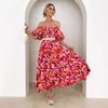Summer New Bubble Sleeve Holiday Skinny Long Dress Spice Girl High Waist Shoulder Printed Dress Women