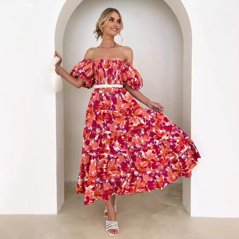 Summer New Bubble Sleeve Holiday Skinny Long Dress Spice Girl High Waist Shoulder Printed Dress Women