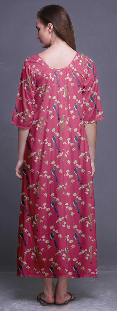 Bimba Dark Rose Brown Floral Leaves & Camellia Kanjiro Printed Nightgowns Maxi Sleepwear For Women Long Sleep Dress