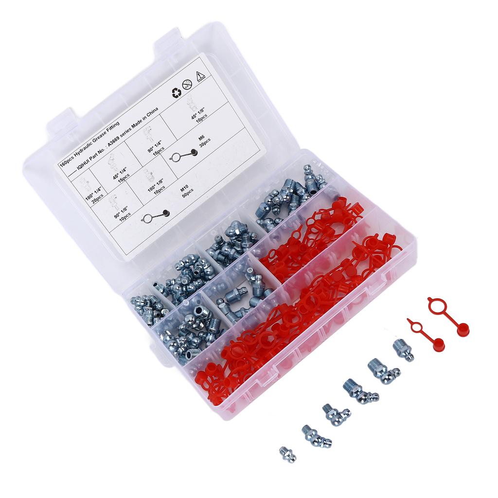 160PCS Hydraulic Grease Fitting 6 Sizes Hex Straight Elbow Type for Cars Motorcycles Trucks Farms