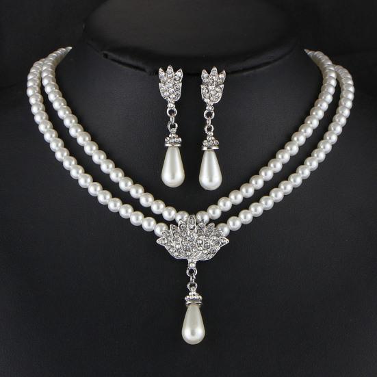 1 Set Faux Pearl Rhinestone Teardrop Pendant Necklace Jewelry Women And Earrings Elegant Beaded Necklace Jewelry