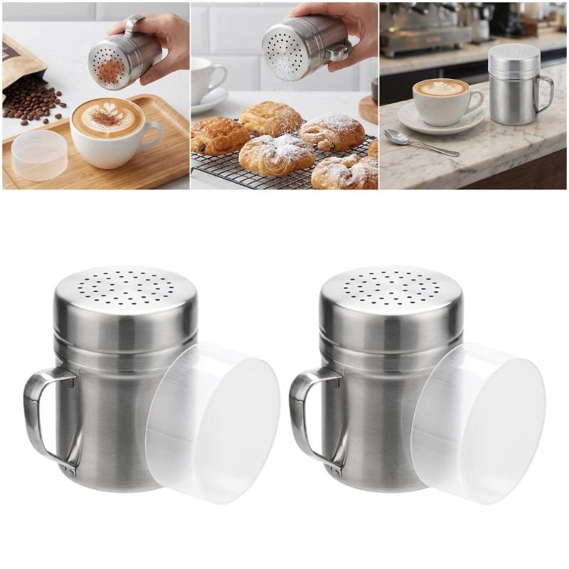 2Pcs Steel Powder Shaker Canister with Comfort Handle and Lid for Even Distribution of Sugar Cocoa Seasoning Dispenser