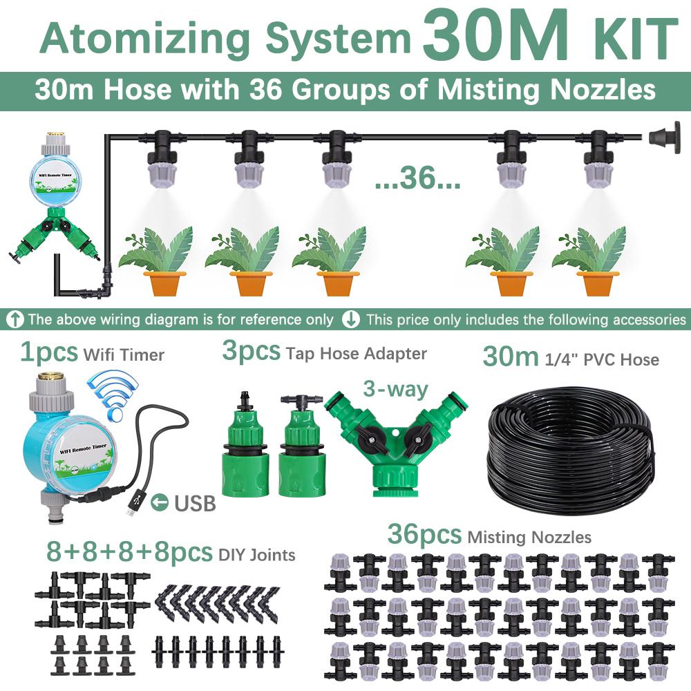 30-10m 60W Self-priming Pump Kit Misting Cooling System 1/4" 4/7mm Adjustable Nozzle Atomizer Sprayer Garden Irrigation Watering